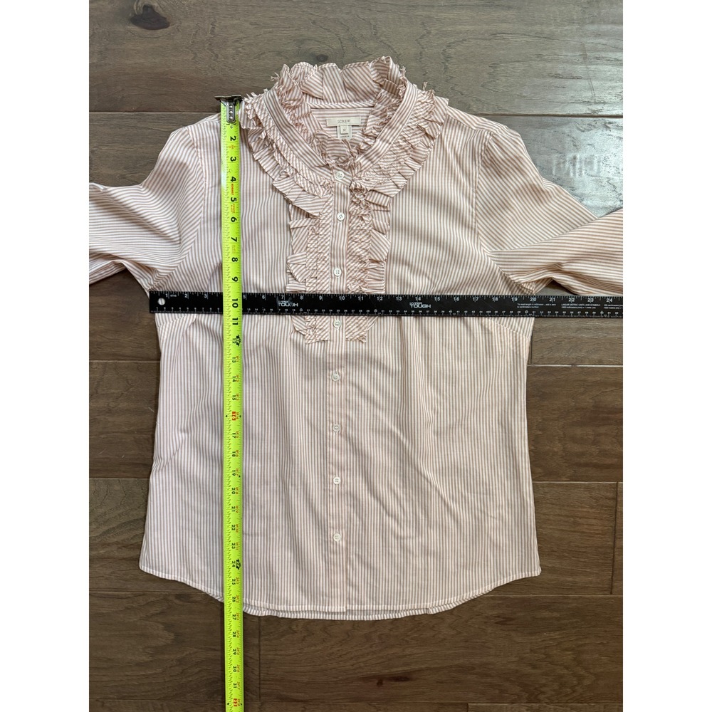 J.Crew Womens Tan White Striped Ruffle Tuxedo Bib Cotton Blouse Shirt‎ Size 12 - Picture 4 of 5